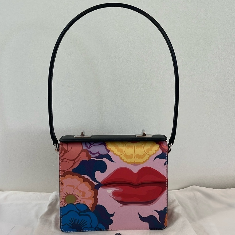 ✨Host Pick✨ NEW PRADA Runway saffiano leather purse handbag  lips floral black - Picture 2 of 11